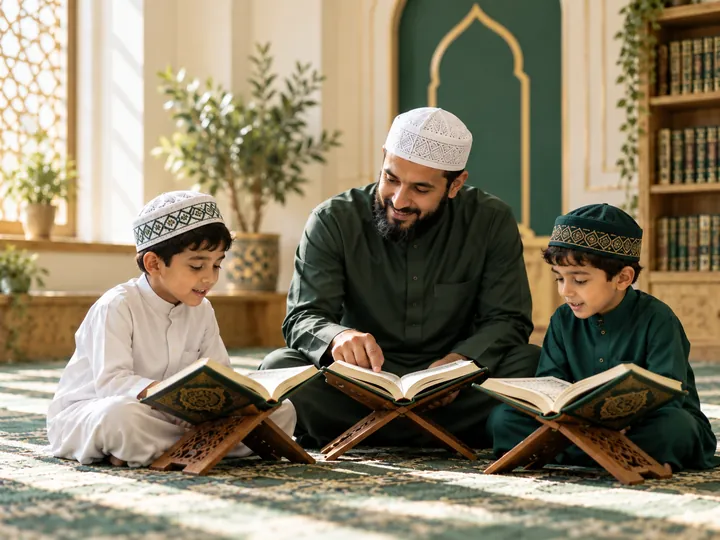 A teacher guiding young students through Qur’an study