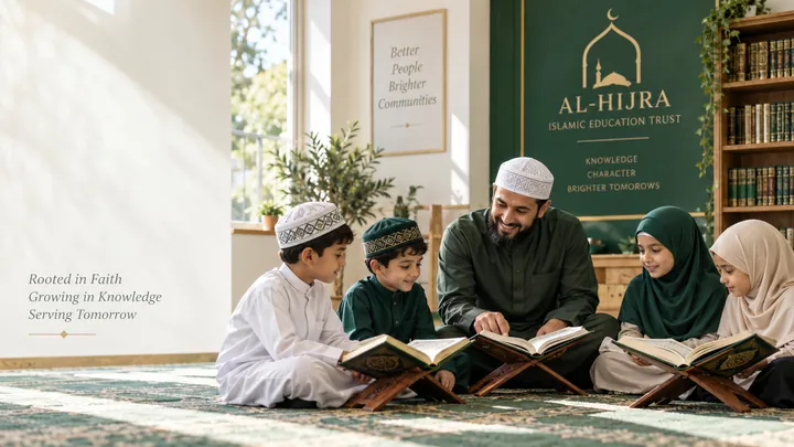 Students and a teacher reading together in the mosque