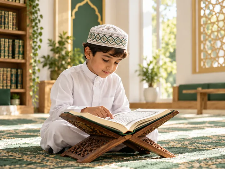 A young student reading the Qur’an in a bright mosque setting