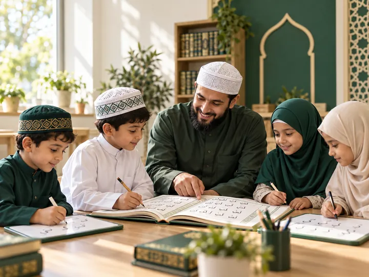 Students learning together with their teacher in an Islamic classroom
