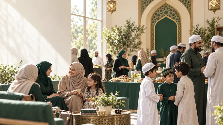Families and community members gathering in a mosque